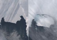 Fotos tiradas em 28 de outubro (esquerda) e 13 de novembro de 2013 (direita) mostram o iceberg se soltando do glaciar Pine Island 